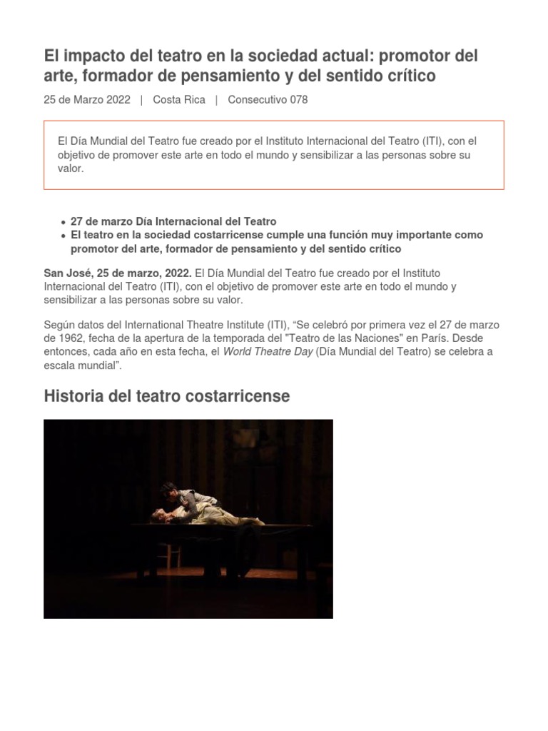 El Impacto Del Teatro En La Sociedad Actual Promotor Del Arte Formador