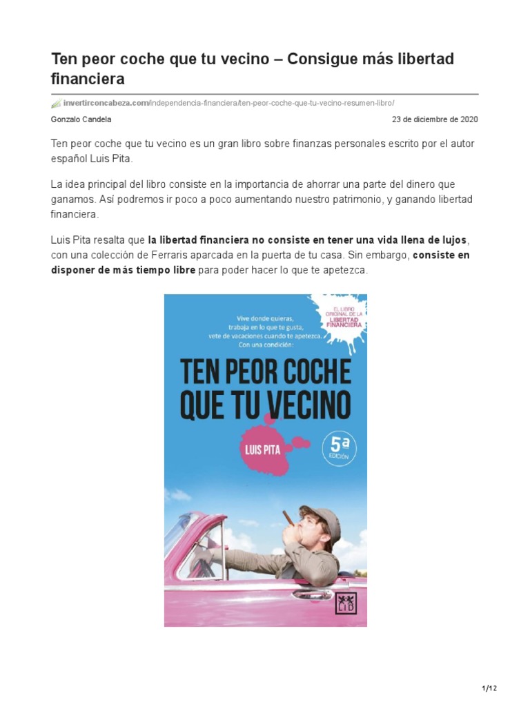 Mejorando la salud financiera: Resumen del libro Ten peor coche que tu  vecino, PDF, Interés