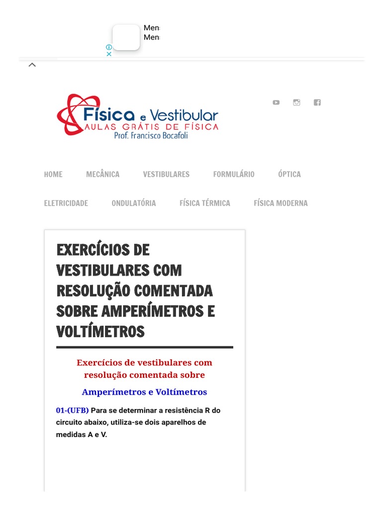 Exercícios de Vestibulares Com Resolução Comentada Sobre Amperímetros e ...