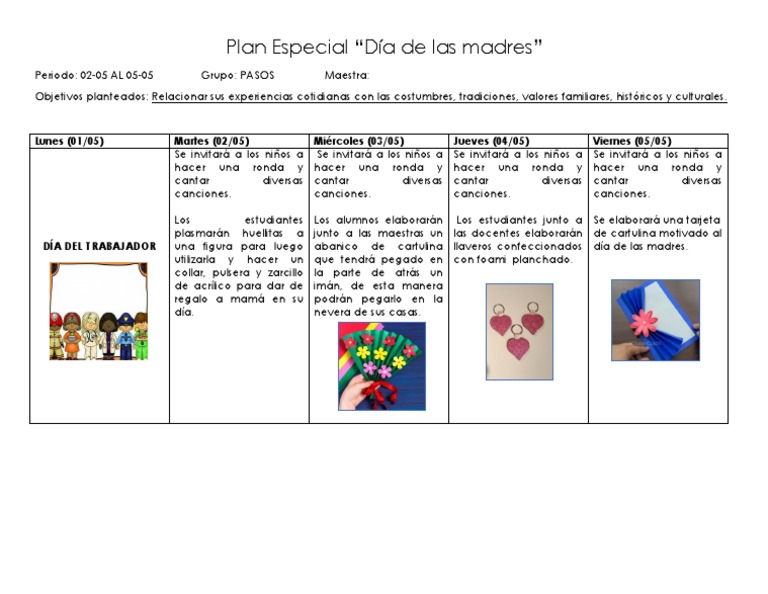 Plan Especial Día de las Madres Preescolar | PDF