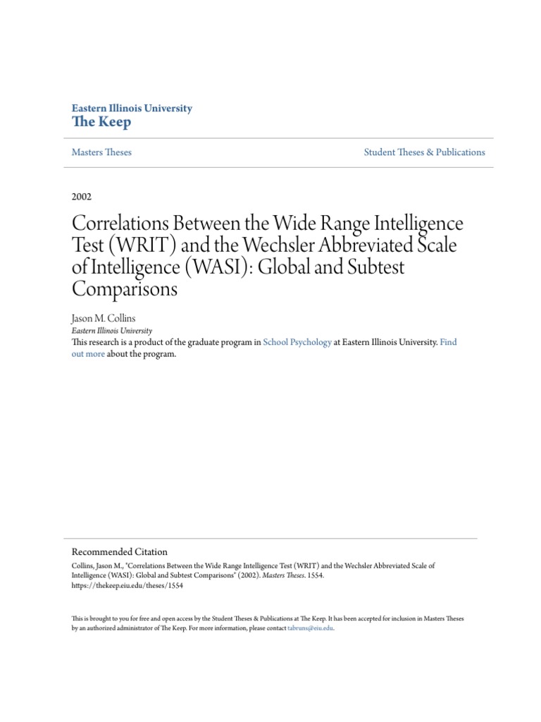 Correlations Between The Wide Range Intelligence Test (WRIT) and | PDF ...