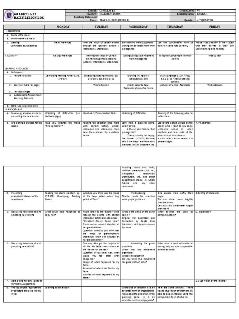 Grade 6 English Daily Lesson Plan | PDF