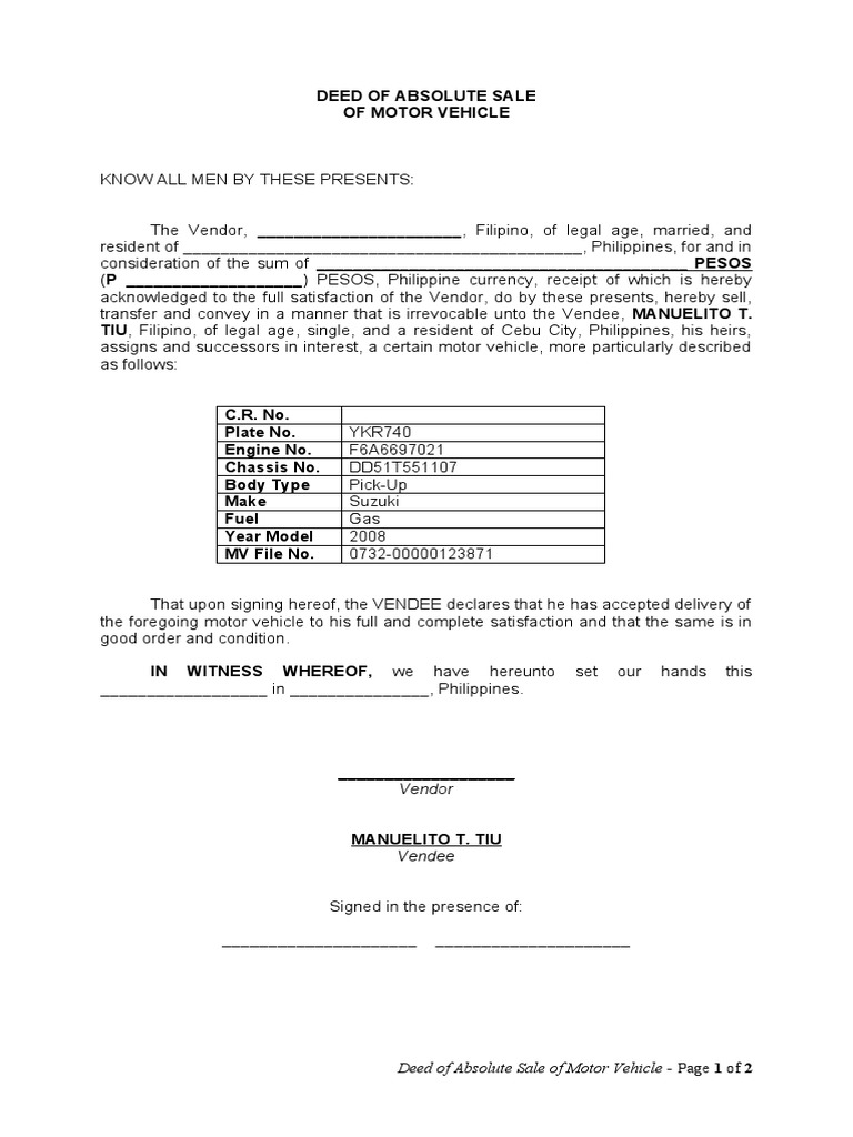 Motor Vehicle Deed of Absolute Sale | PDF
