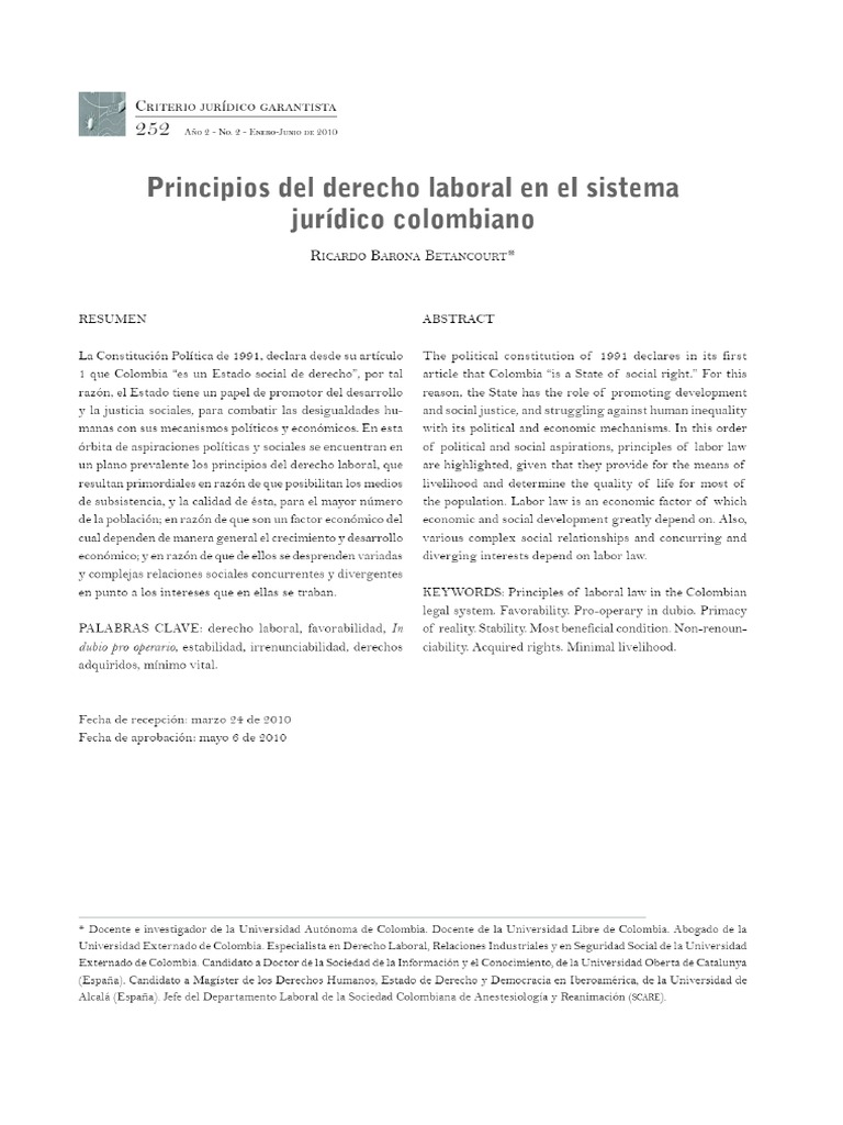 Principios Del Derecho Laboral En El Sistema Jurídico Colombiano Pdf Pdf