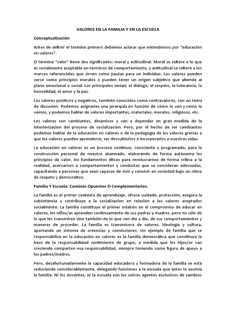 Valores en La Familia y en La Escuela | PDF