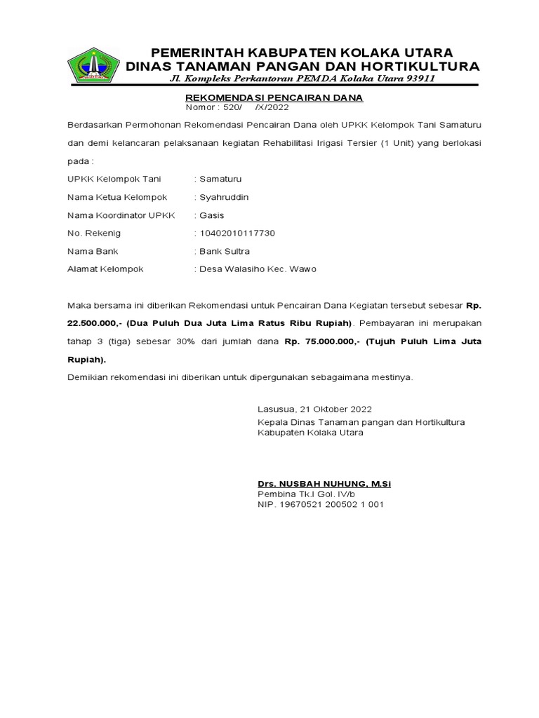 Rekomendasi Pencairan Dana Proyek Tani | PDF