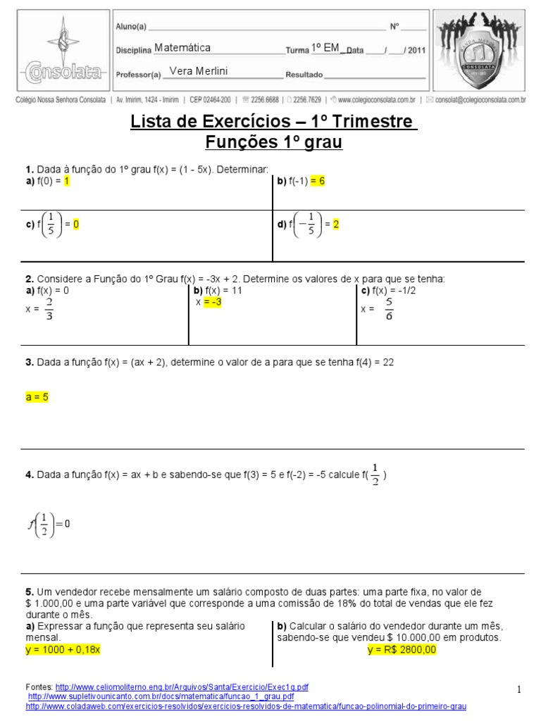Lista de Exercícios: Função do 1º Grau | PDF | Função (Matemática ...