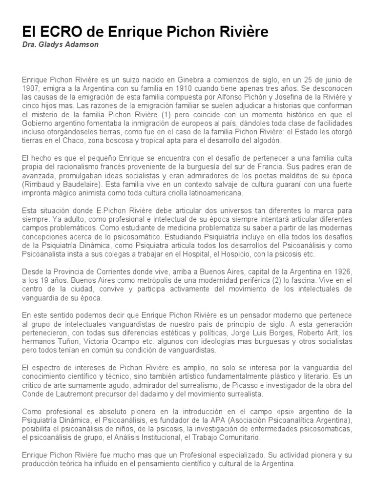 El ECRO de Pichon Rivière: Psicología Social | PDF | Ciencias sociales