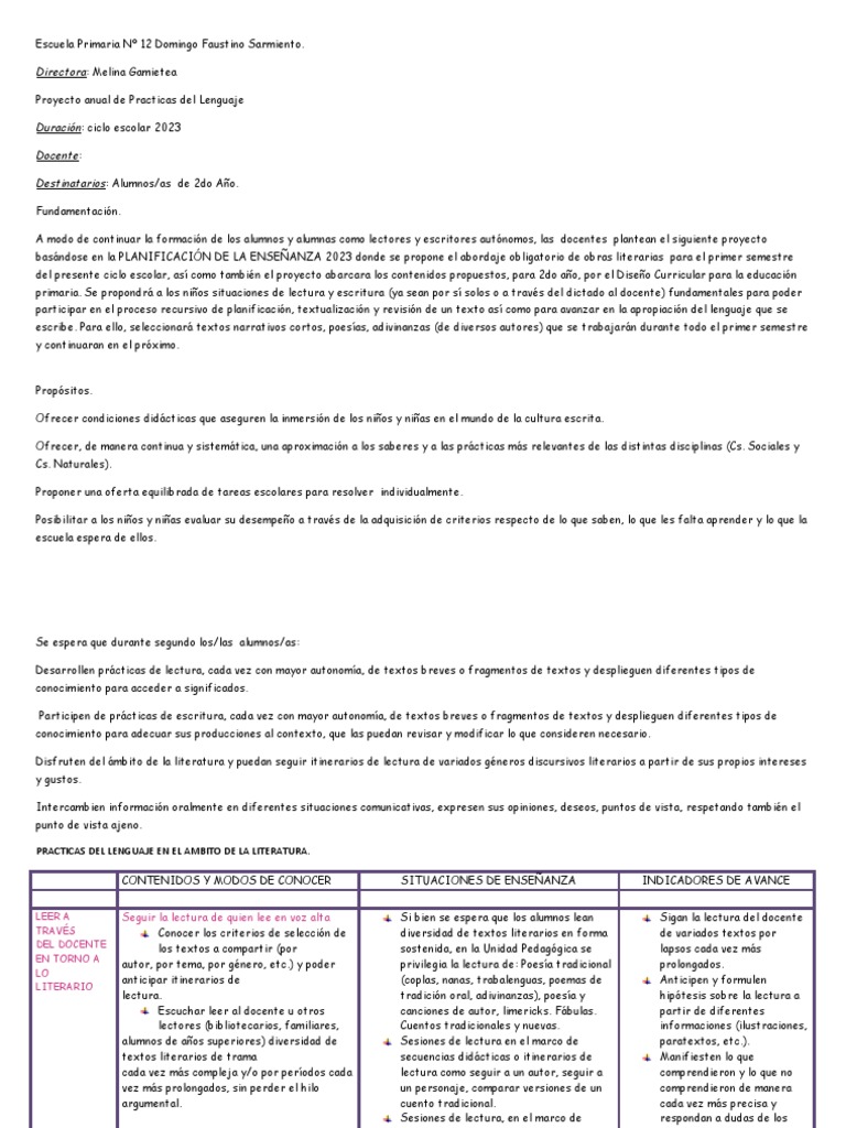 Planificacion Practicas Del Lenguaje 2023 | PDF | Artes del Lenguaje y ...