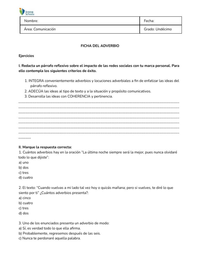 Ficha de Adverbios y Ejercicios | PDF