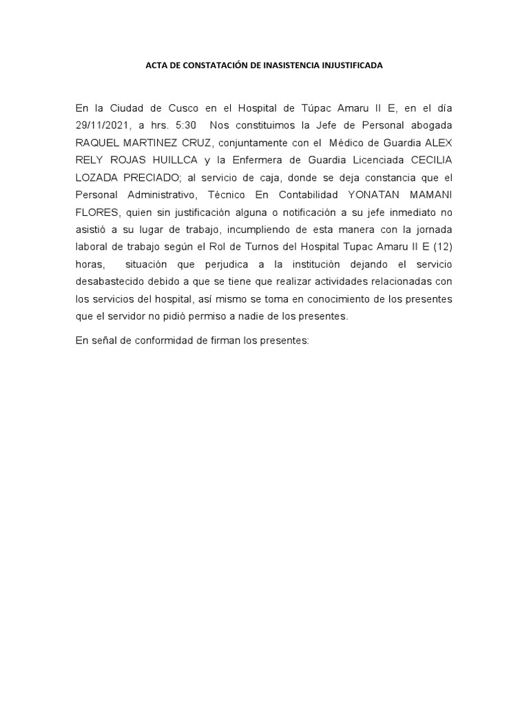 Acta de Constatación de Inasistencia Injustificada | PDF
