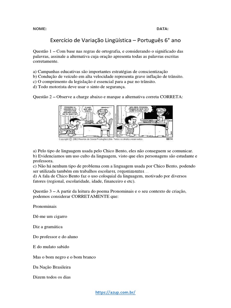 Exercício de Variação Lingüística - Português 6° Ano PDF | PDF