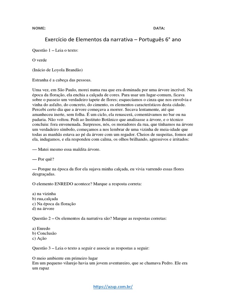 Exercícios sobre Elementos da Narrativa 6º Ano | PDF