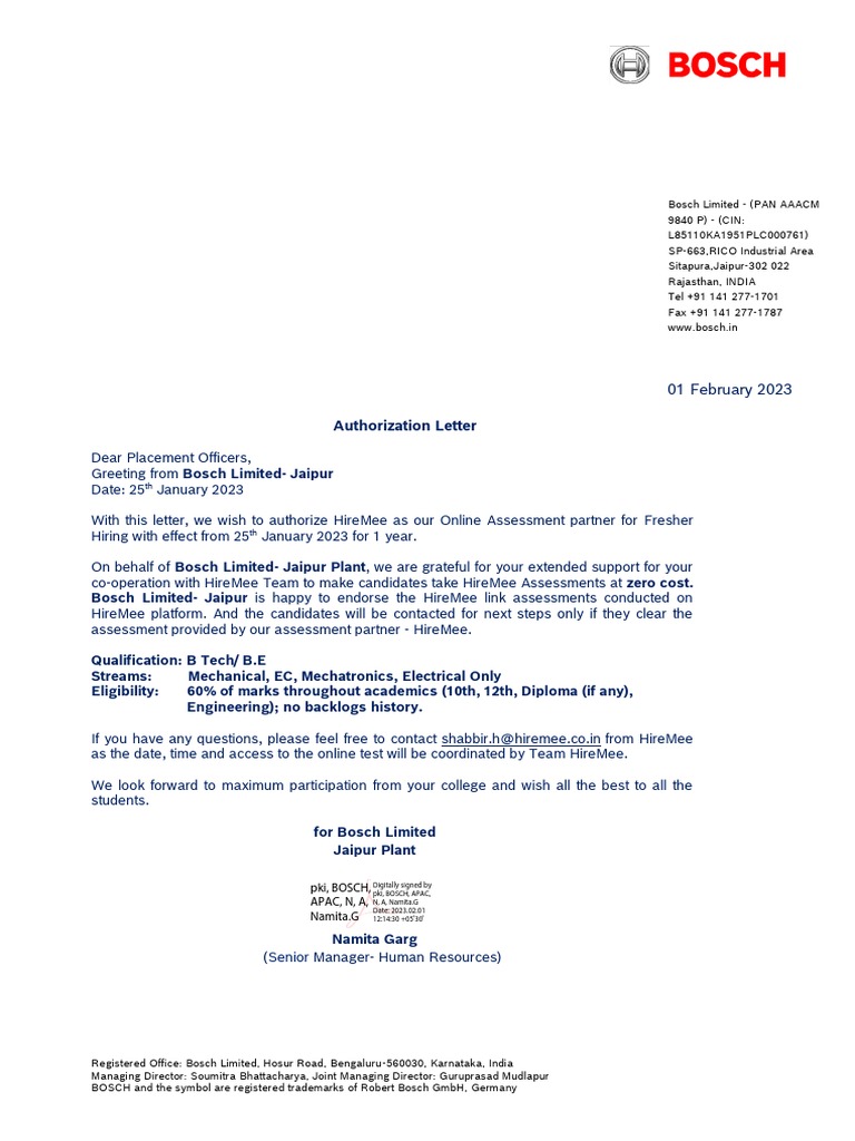 BOSCH Authorization Letter For Hiremee PDF
