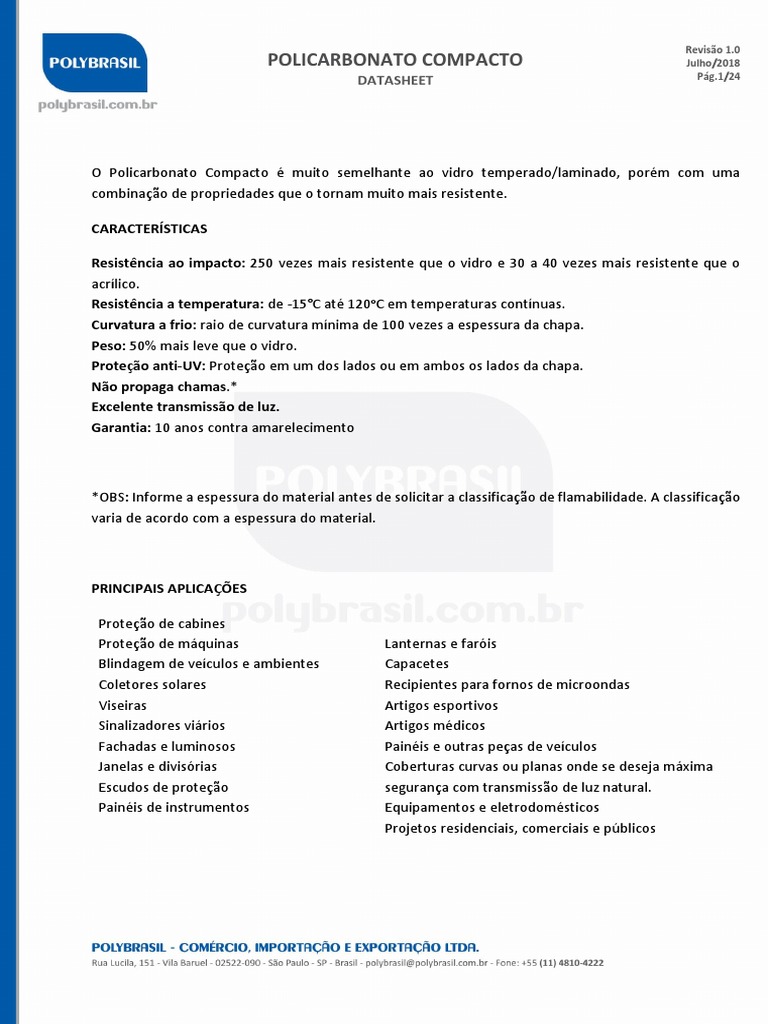 Datasheet do Policarbonato Compacto | PDF | Desperdício | Combustão