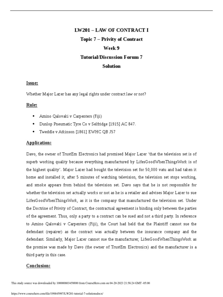 Privity of Contract: Tweddle v Atkinson | PDF