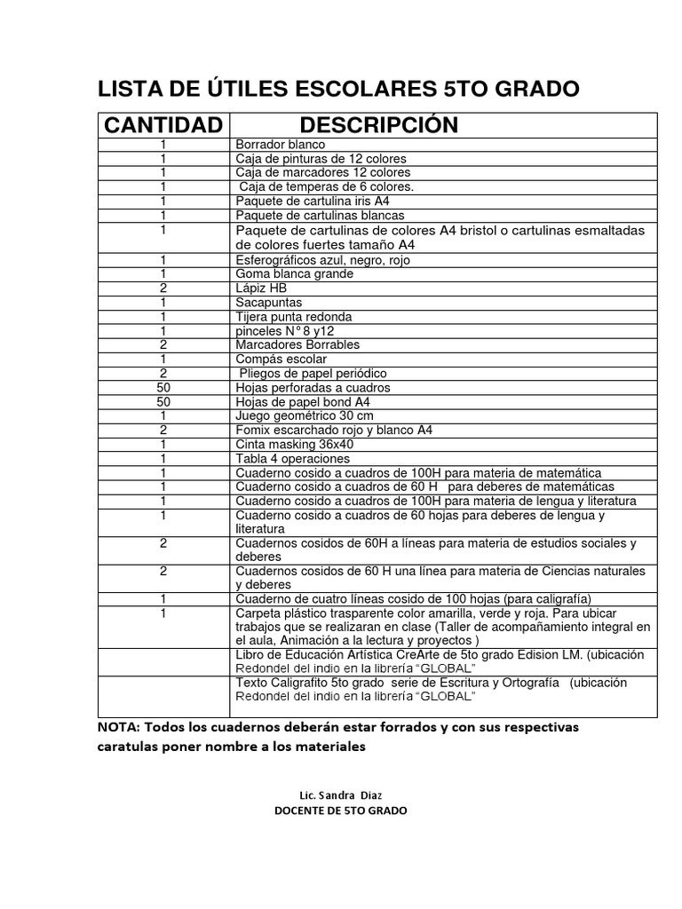 Lista de Útiles Escolares 5to Grado PDF PDF Cuaderno Escritura