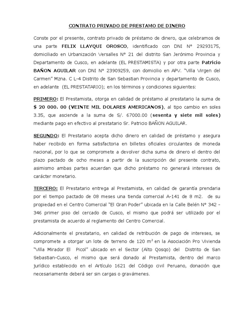 Contrato Privado de Prestamo de Dinero-Picol-2019 | PDF | Dinero