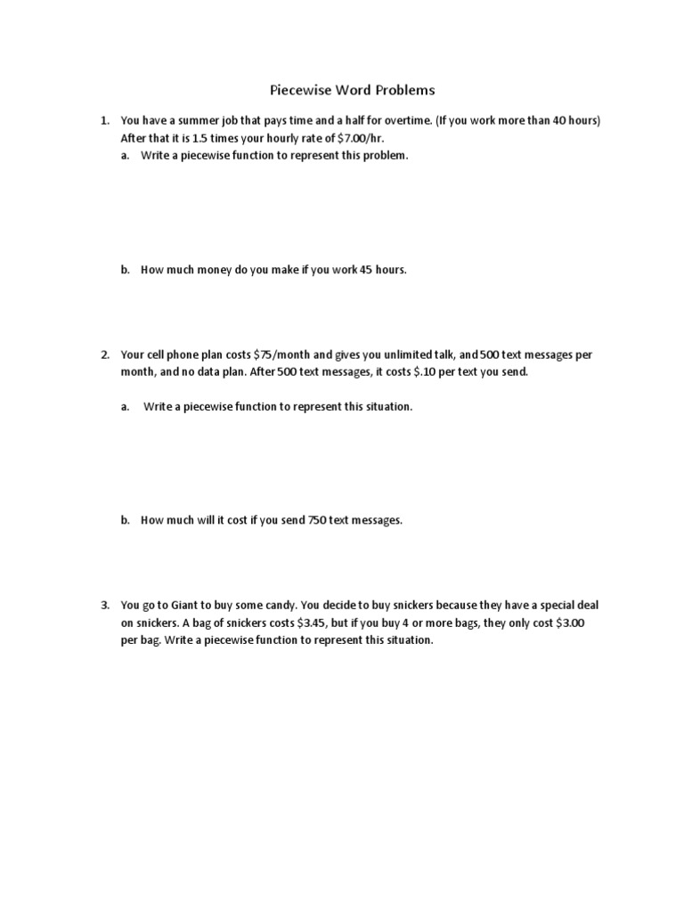 Piecewise  Word Problems  PDF  Text Messaging  Internet Service Intended For  Piecewise Functions Word Problems Worksheet