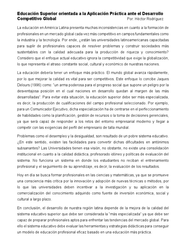 Fortalezas y Debilidades de La Educación Superior en América Ensayo
