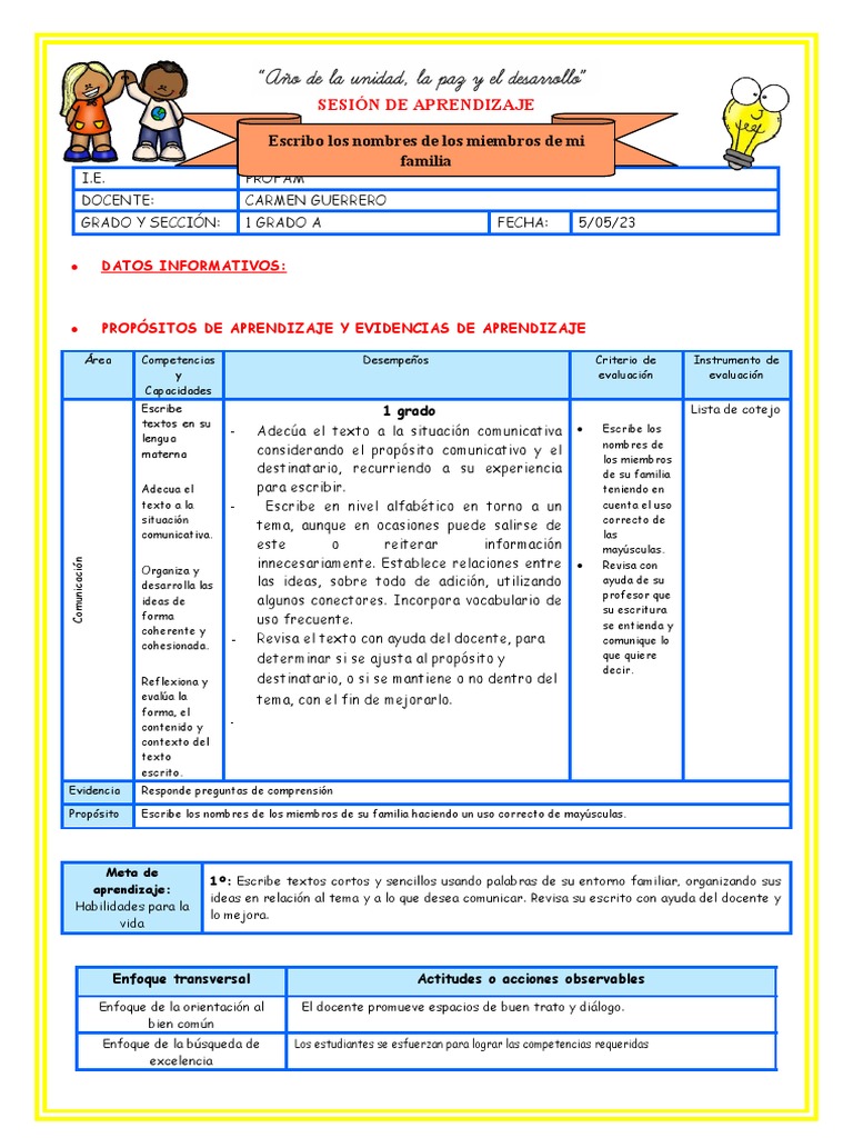 Nombres de Mi Familia en Primer Grado | PDF | Evaluación | Aprendizaje