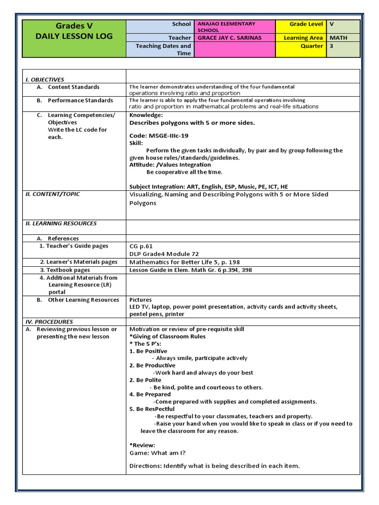 Grade 5 Math Lesson Plan: Polygons | PDF