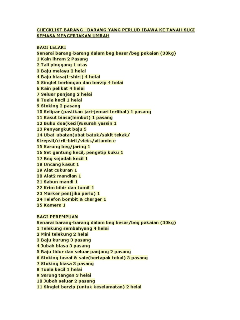 Checklist Barang Umrah PDF | PDF