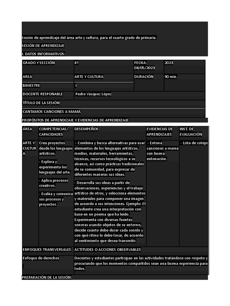 Sesión de Aprendizaje Del Área Arte y Cultura | PDF | Aprendizaje ...