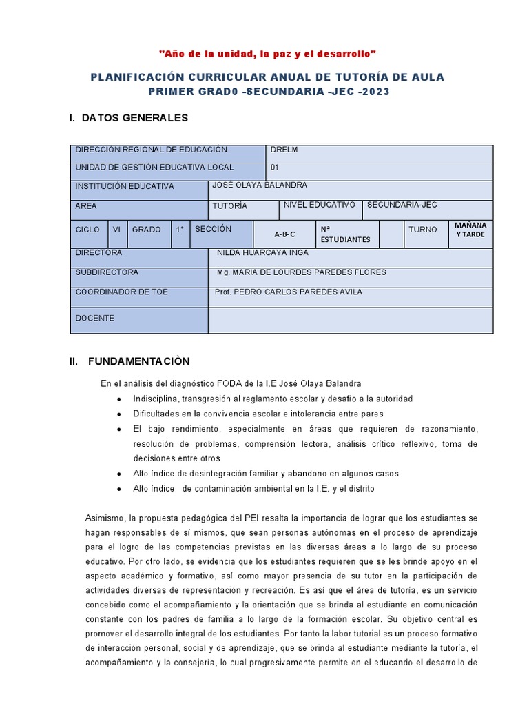 Plan Anual de Tutoría para Secundaria 2023 | PDF