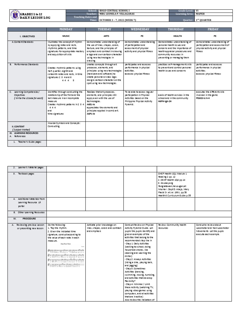 Grade VI MAPEH Daily Lesson Plan | PDF