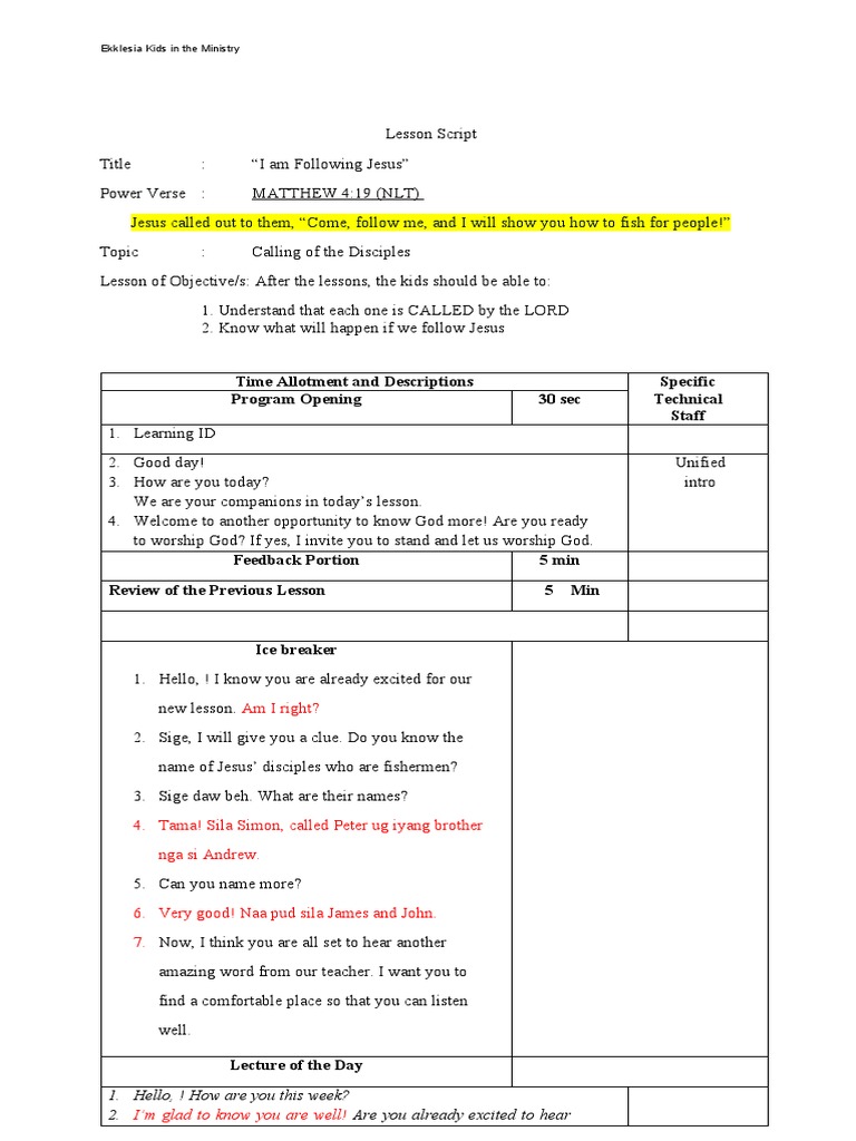 I Am Following Jesus Lesson Script | PDF