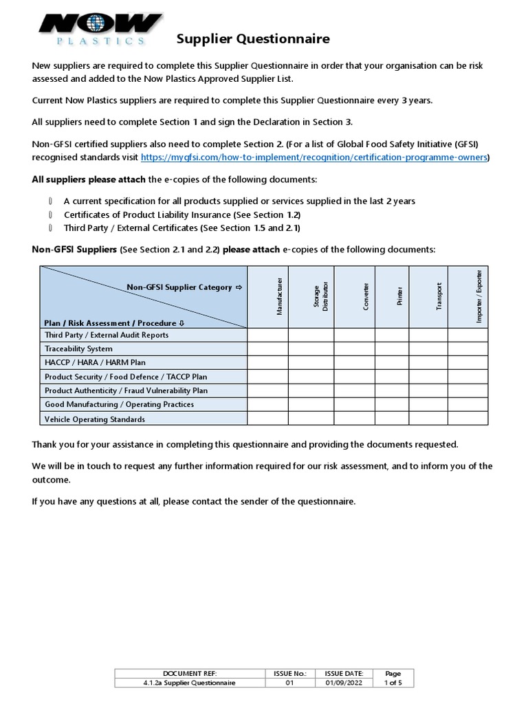 4.1.2a Supplier Questionnaire Template PDF PDF