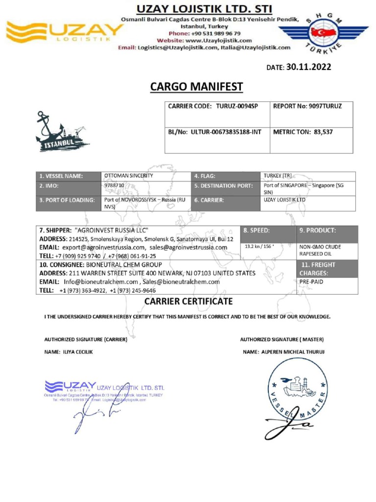 Cargo Manifest PDF PDF