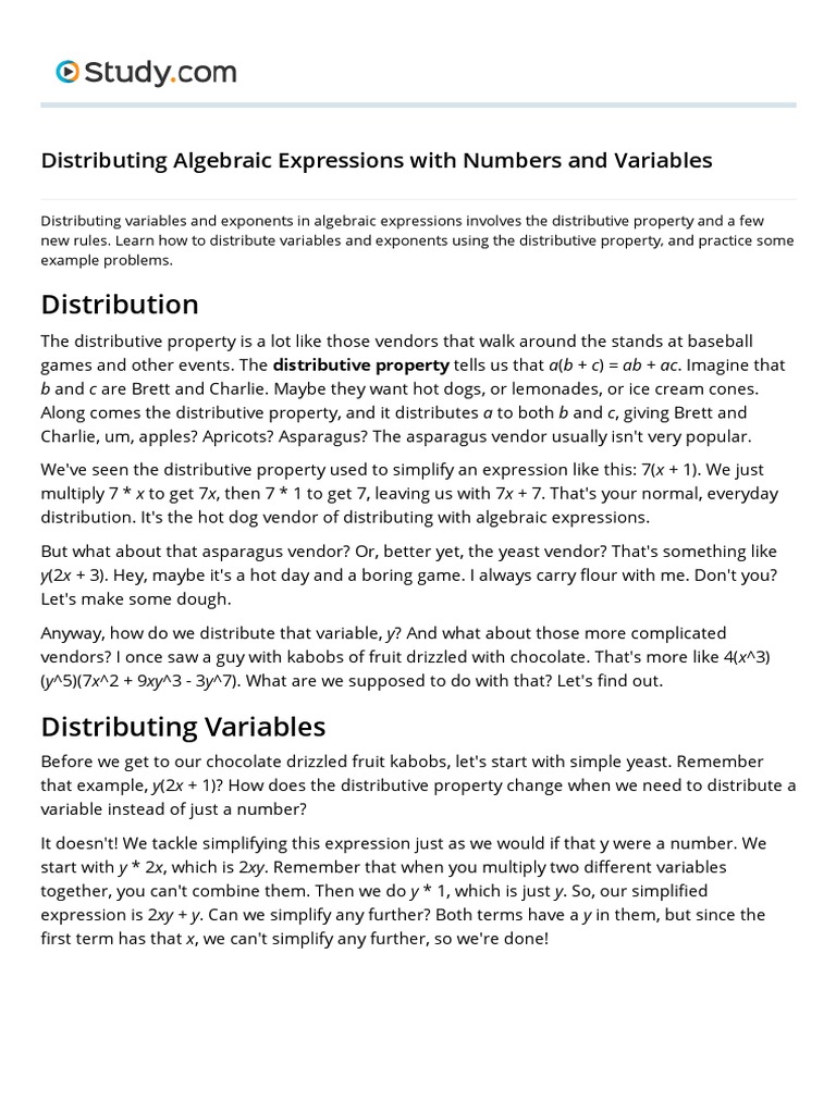 Distributing Algebraic Expressions With Numbers and Variables - Video ...