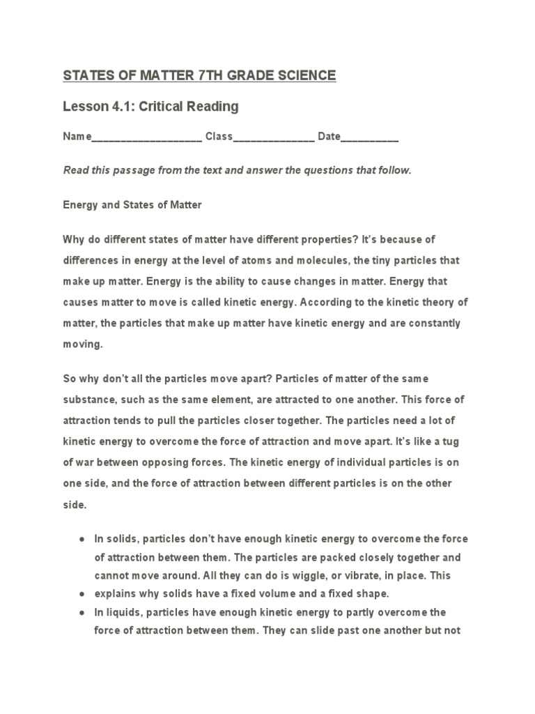 STATES OF MATTER 7TH GRADE SCIENCE | PDF