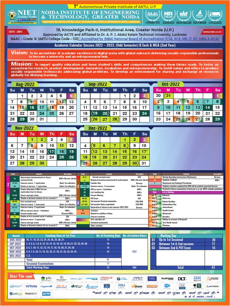 Acedemic Calender B.Tech IInd Yr and MCA IInd Yr 2022 23 PDF