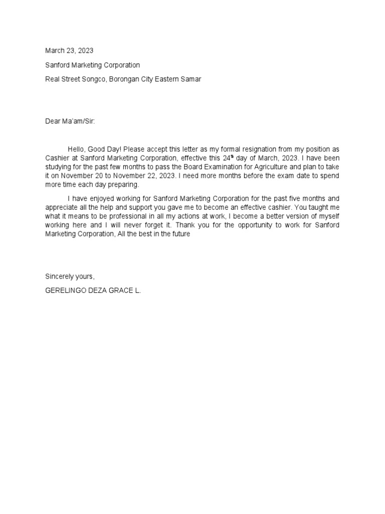 Resignation Letter from Cashier | PDF