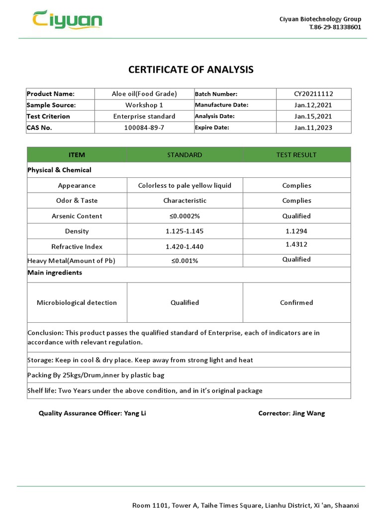 Certificate of Analysis for Aloe Oil | PDF