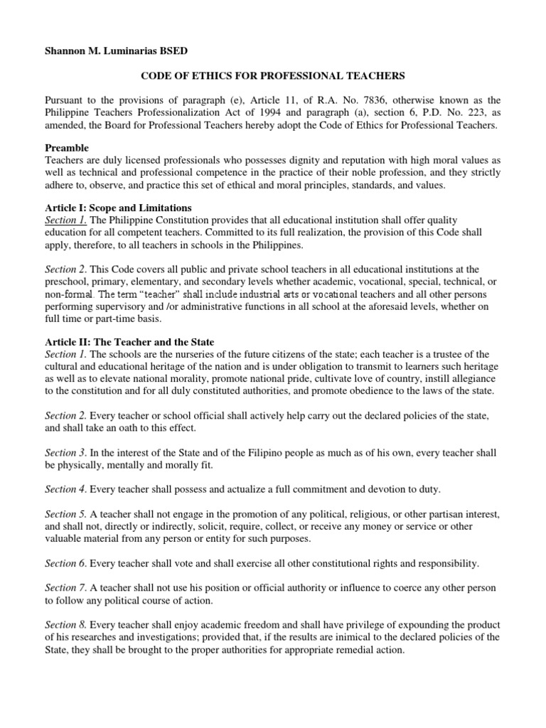 Code Of Ethics For Professional Teachers Pdf Profession Teachers