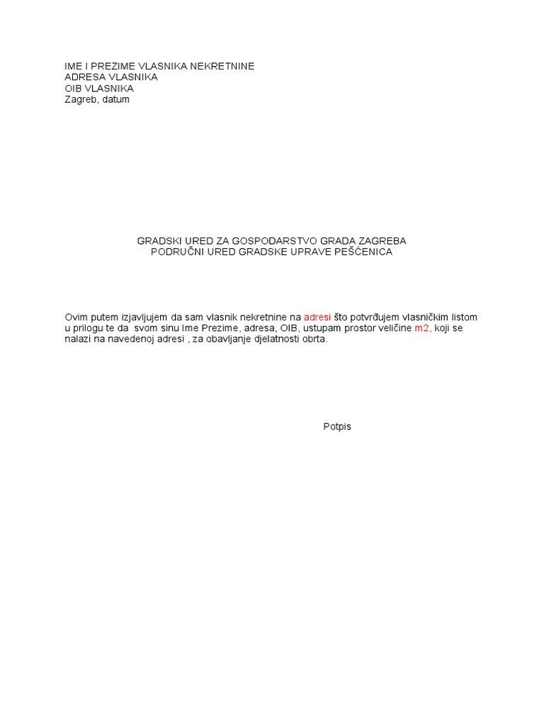 Izjava - Član Obitelji Poslovni Prostor | PDF