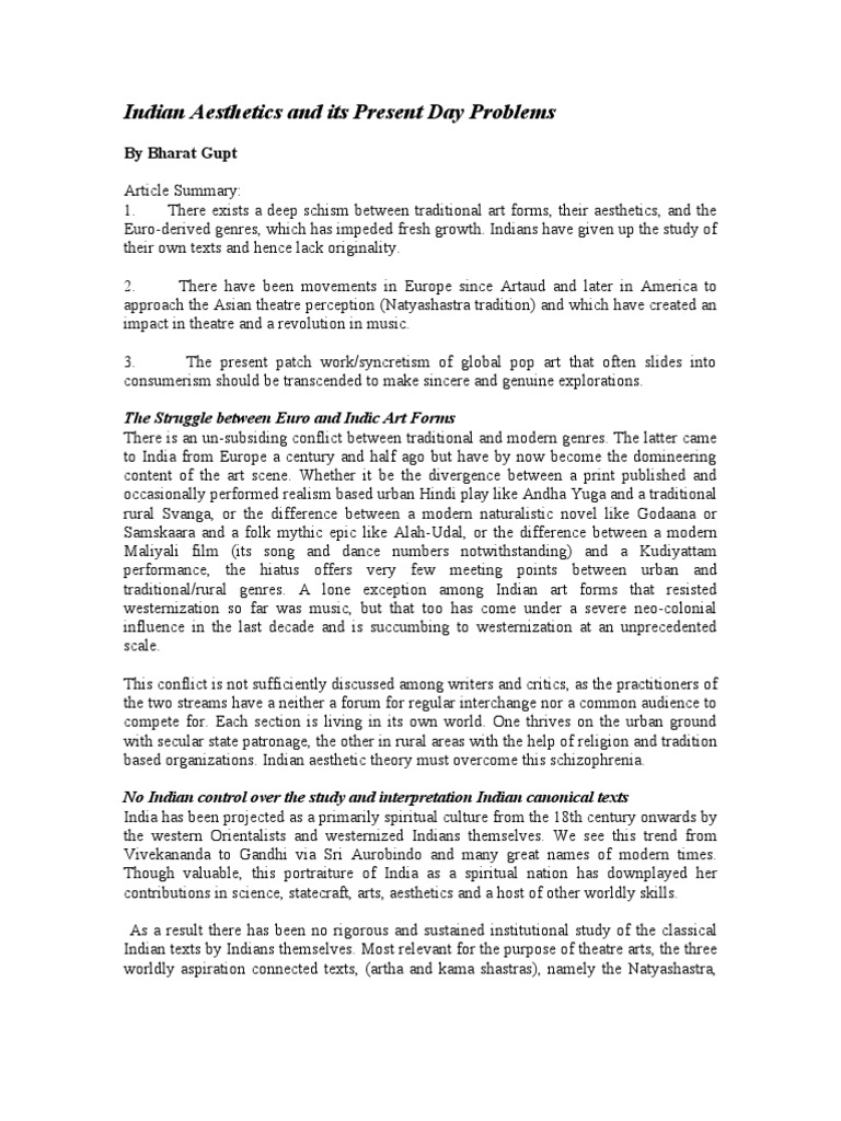Indian Aesthetics and Its Present Day Problems (Short) | Download Free