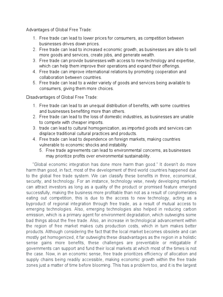 Pros and Cons of Global Free Trade | PDF