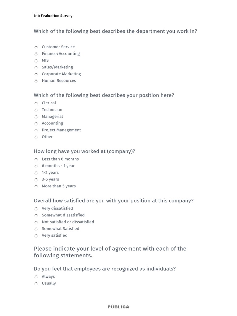 Job Evaluation Survey Model PDF Discrimination Marketing