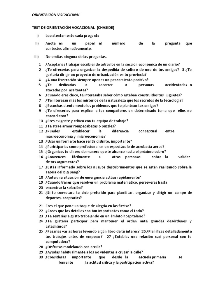 Test de Orientación Vocacional CHASIDE | PDF