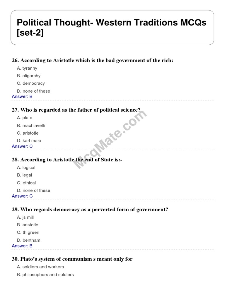 Western Political Thought MCQs Set 2 | PDF | Social Contract | Plato