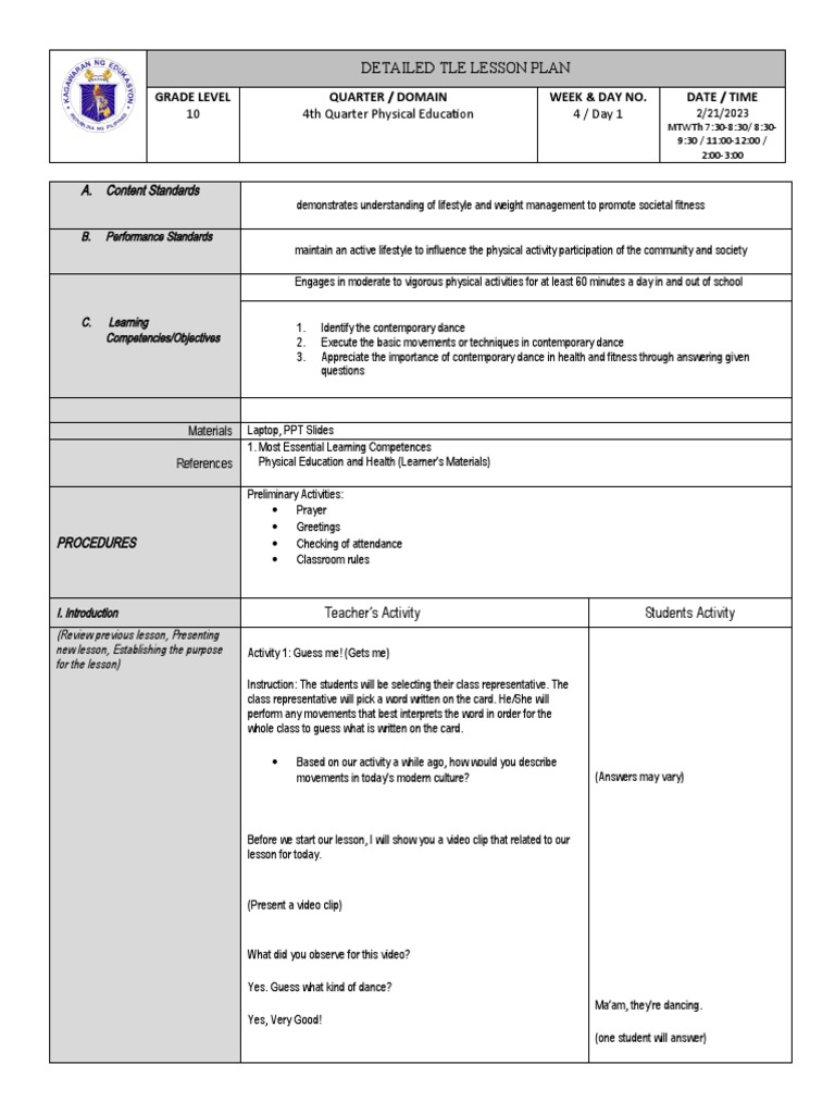 Contemporary dance a detailed lesson plan on techniques and history pdf