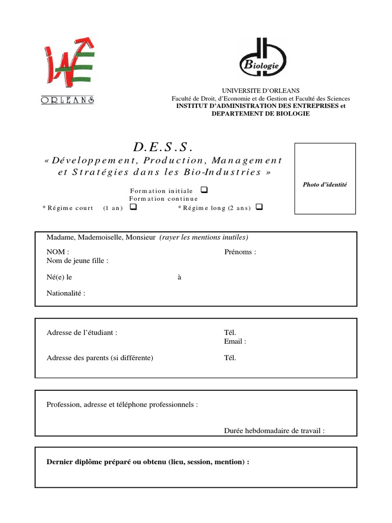 Dossier d'inscription DESS Bio-Industries | PDF