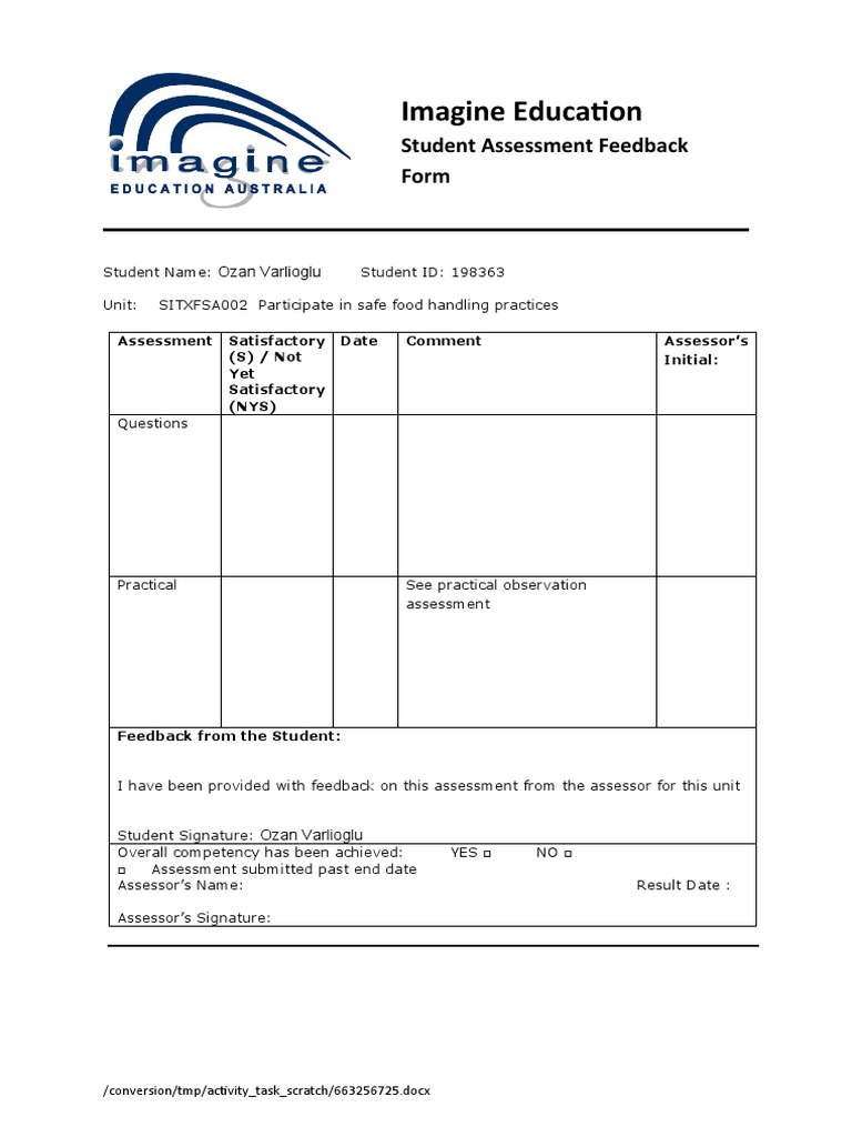 SITXFSA002 - 0003002652 - Ozan Varlioglu | PDF
