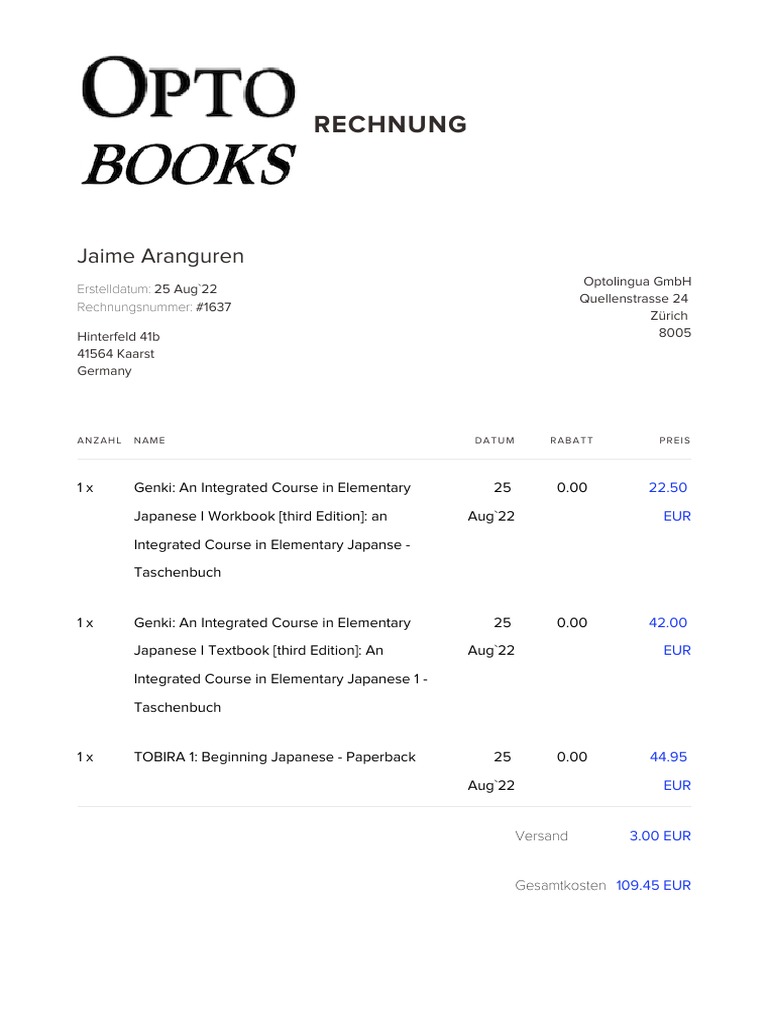 Invoice for Japanese Language Books | PDF