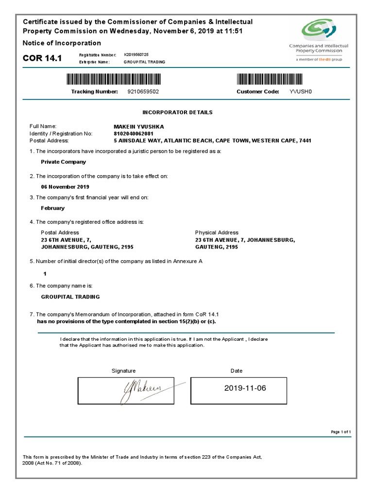 COR 14.1 Notice of Incorporation | PDF